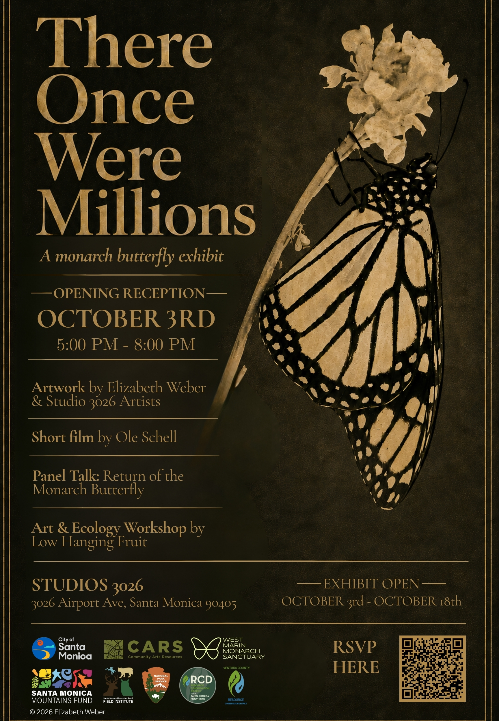 Monarch Exhibit Flyer 10.3.26 Flyer of monarch butterfly in sepia tone_Oct 3rd 2026 event in Santa Monica