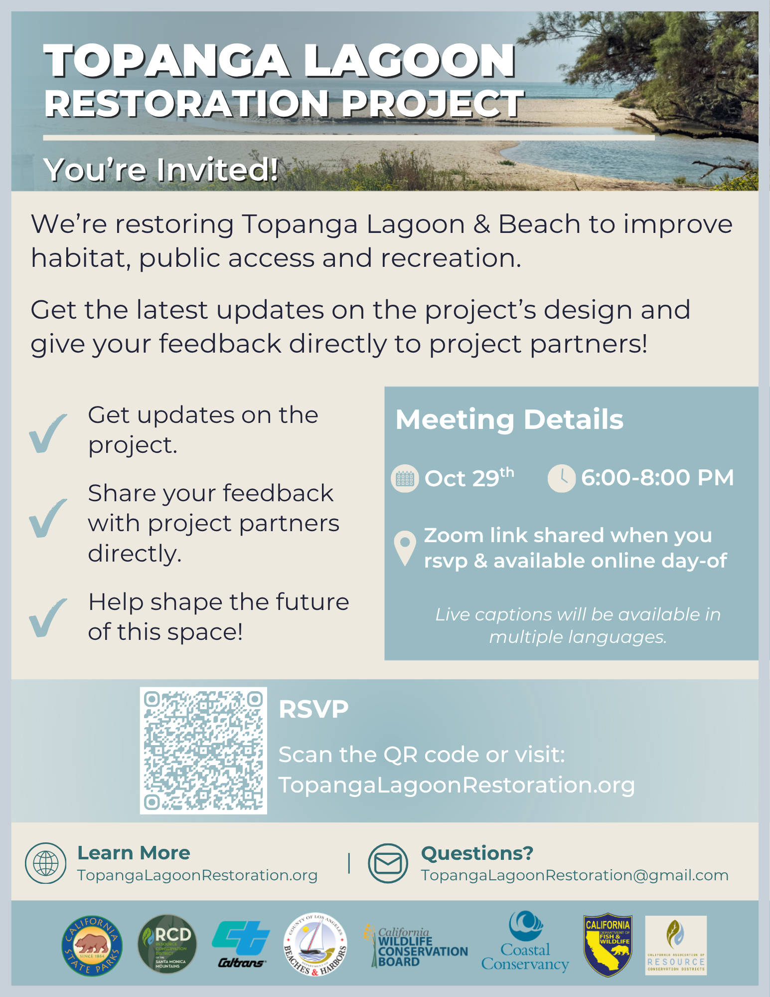 TLRP Public Meeting Flyer_10.29.26 Topanga Lagoon Restoration Project Public Meeting Flyer - Oct 29th, 2026 from 6-8pm. RSVP at bit.ly/4rI8jC9